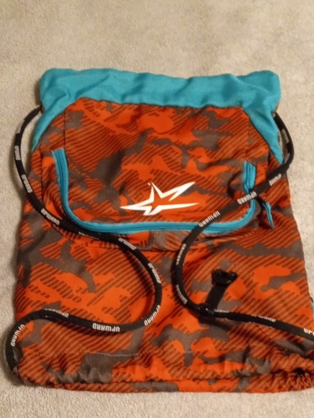 upward Orange & Teal Camouflage Drawstring Backpack with Star Logo